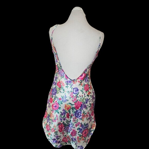 90s Satin White Floral Mini Slip Dress Pink Purple Size S Small Low Back‎ Short - Picture 9 of 11